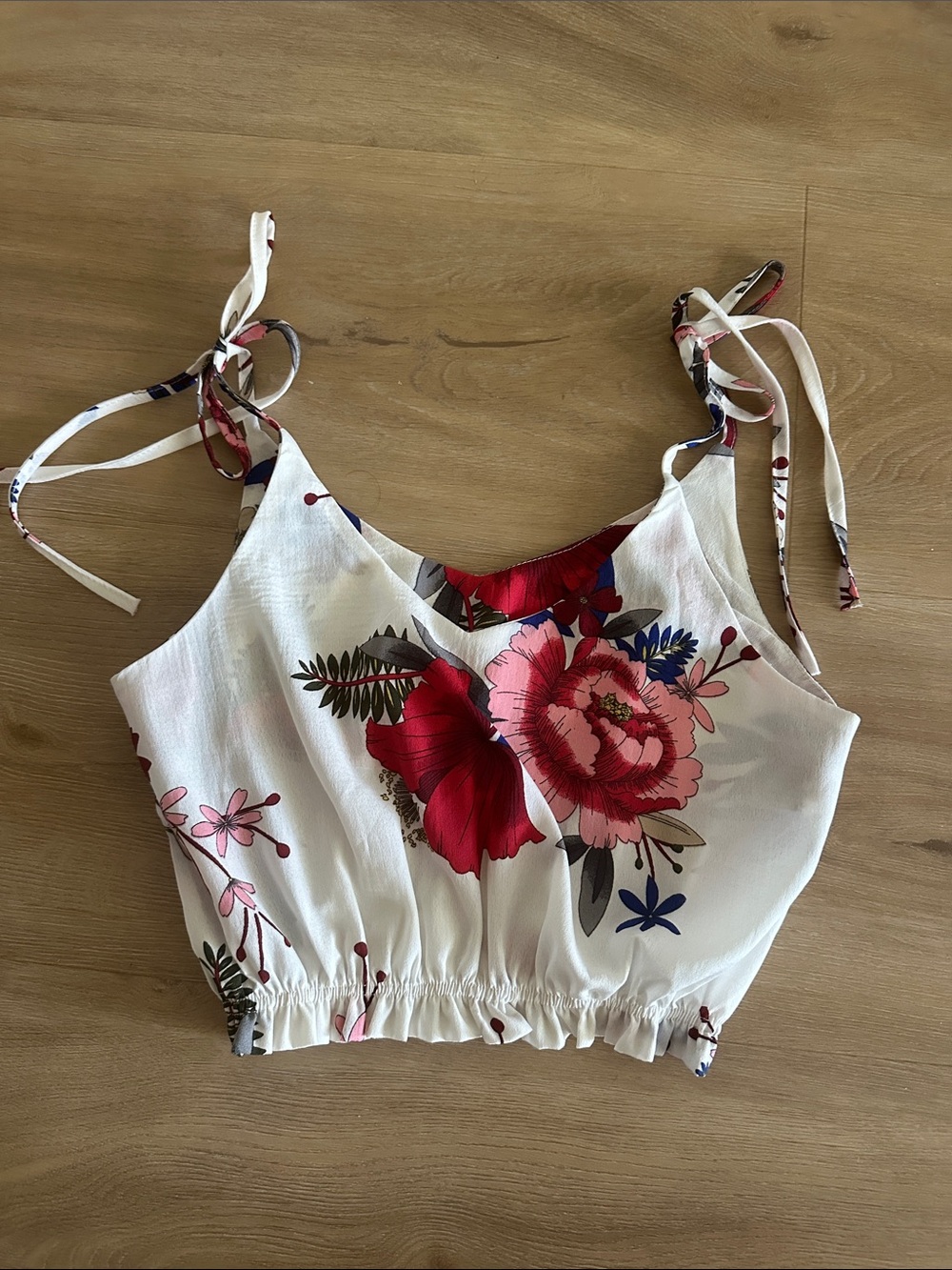 Floral Tie-Shoulder Cropped Tank Top - White with Red Pink Floral